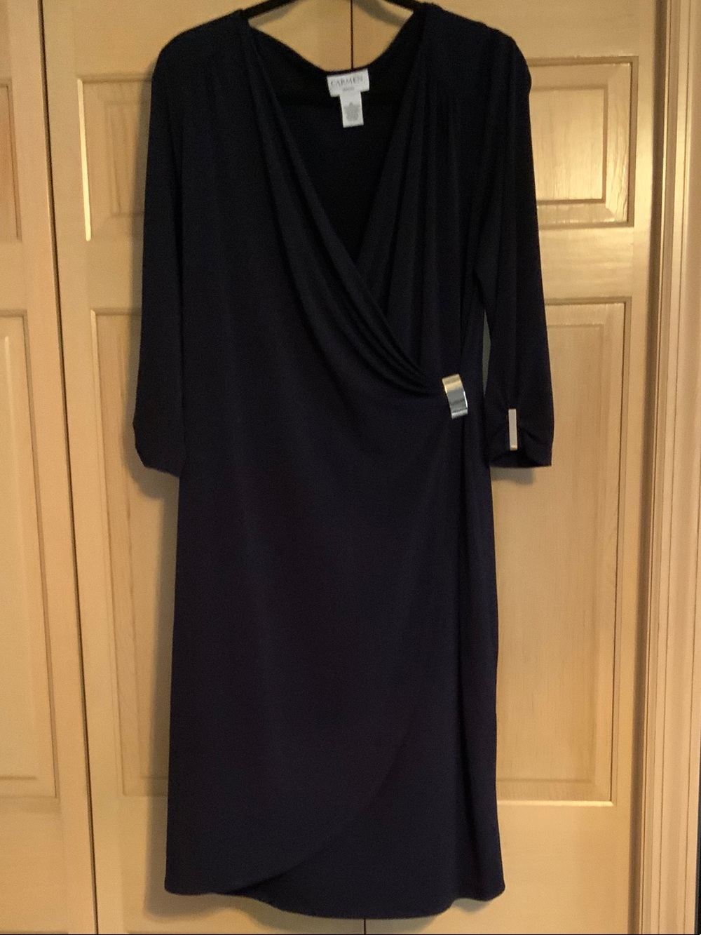 Carmen Marc Valvo Navy Faux-Wrap Midi Dress